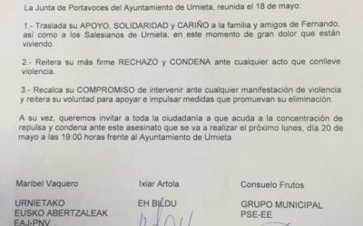 El Ayuntamiento de Urnieta muestra sus condolencias por el asesinato del misionero salesiano Fernando Hernández