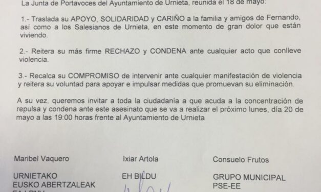 El Ayuntamiento de Urnieta muestra sus condolencias por el asesinato del misionero salesiano Fernando Hernández