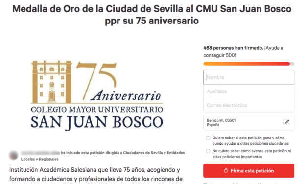 Antiguos alumnos del Colegio Mayor San Juan Bosco de Sevilla elevan una petición muy especial por el 75º aniversario